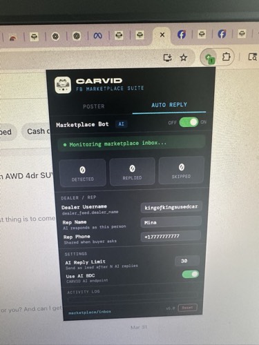 CARVID AI Auto-Reply extension monitoring Facebook Marketplace inbox