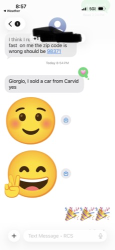 Dealer texts CARVID founder confirming a car sale from CARVID leads