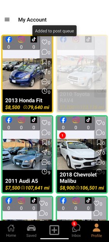 CARVID app showing dealer selecting specific vehicles to post to Facebook Marketplace