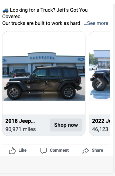 CARVID Meta inventory ads carousel showing vehicle listings on Facebook and Messenger